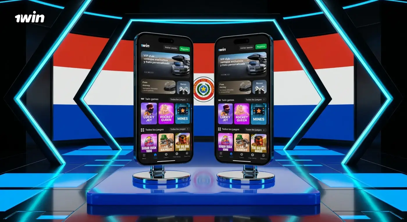 Dos celulares con el lobby de 1win sobre un escenario con la bandera de Paraguay